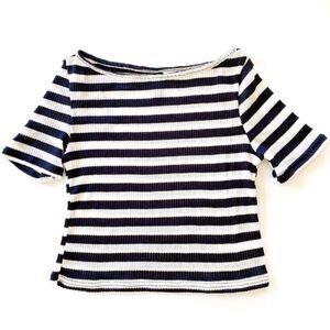 H&M Divided Knit Crop Top Navy Blue & White Stripes Short Sleeve Shirt S